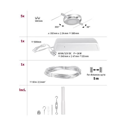 Paulmann 94414 - KOMPLEKTAS 5xLED/4,5W Akcentinis apšvietimas pakabinamai sistemai ROUNDMAC 230V blizgus chromas