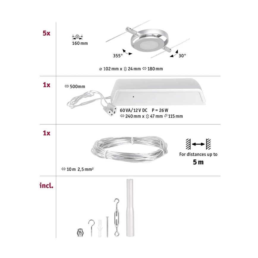 Paulmann 94414 - KOMPLEKTAS 5xLED/4,5W Akcentinis apšvietimas pakabinamai sistemai ROUNDMAC 230V blizgus chromas
