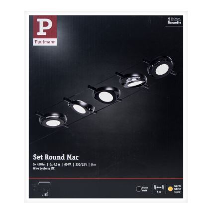 Paulmann 94418 - RINKINYS 5xLED/4,5W Pilna ROUNDMAC 230V laidų sistema, juoda