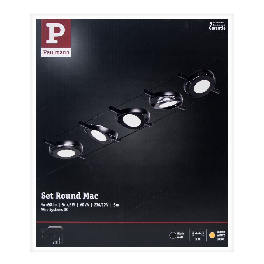 Paulmann 94418 - RINKINYS 5xLED/4,5W Pilna ROUNDMAC 230V laidų sistema, juoda