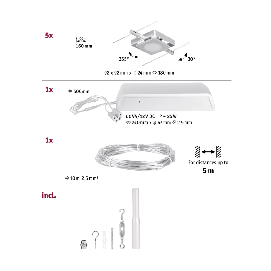 Paulmann 94420 - RINKINYS 5xLED/4,5W, MAC kabelinė sistema 230V, matinis chromas