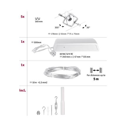 Paulmann 94430 - RINKINYS 5xGU5,3/10W Taškinis šviestuvas kabelinės sistemos MAC 230V matinio chromo spalvos