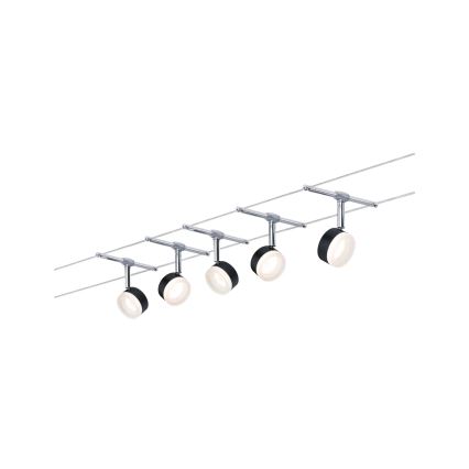 Paulmann 94457 – komplektas 5 × 4 W LED taškinių šviestuvų kabelinei sistemai CLEAR, 230 V, juoda / blizgus chromas
