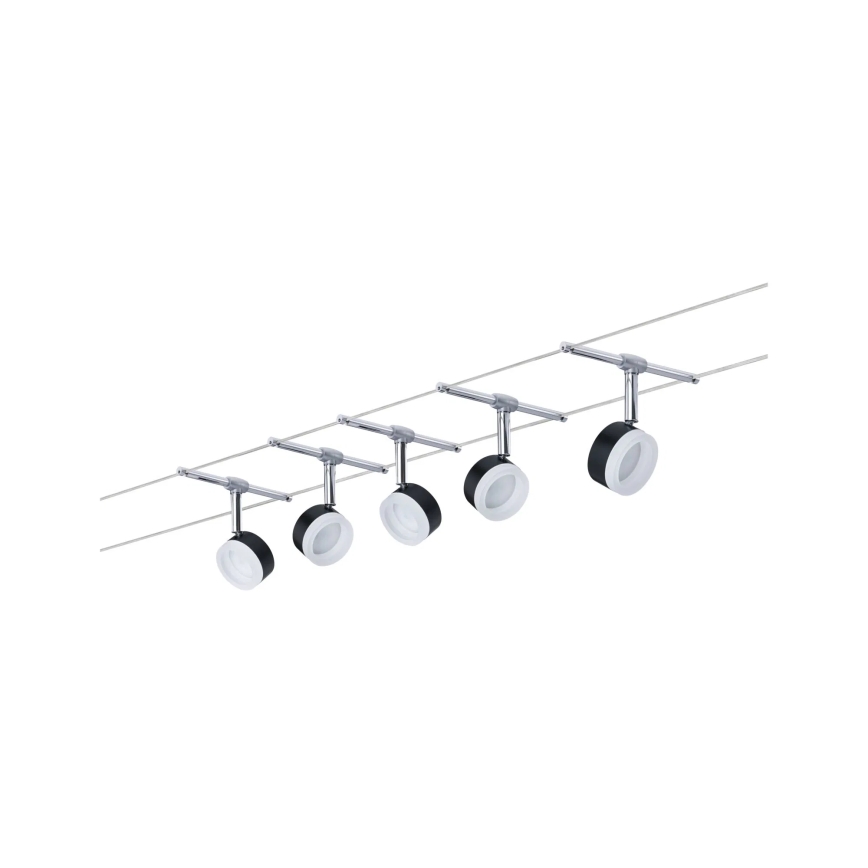 Paulmann 94457 – komplektas 5 × 4 W LED taškinių šviestuvų kabelinei sistemai CLEAR, 230 V, juoda / blizgus chromas