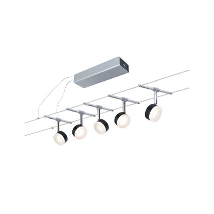 Paulmann 94457 – komplektas 5 × 4 W LED taškinių šviestuvų kabelinei sistemai CLEAR, 230 V, juoda / blizgus chromas