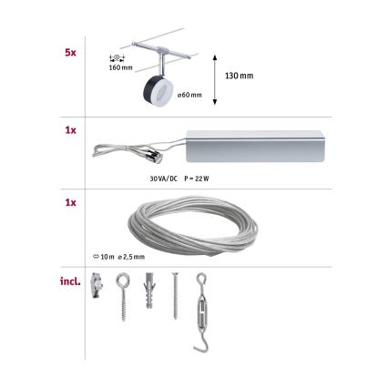 Paulmann 94457 – komplektas 5 × 4 W LED taškinių šviestuvų kabelinei sistemai CLEAR, 230 V, juoda / blizgus chromas
