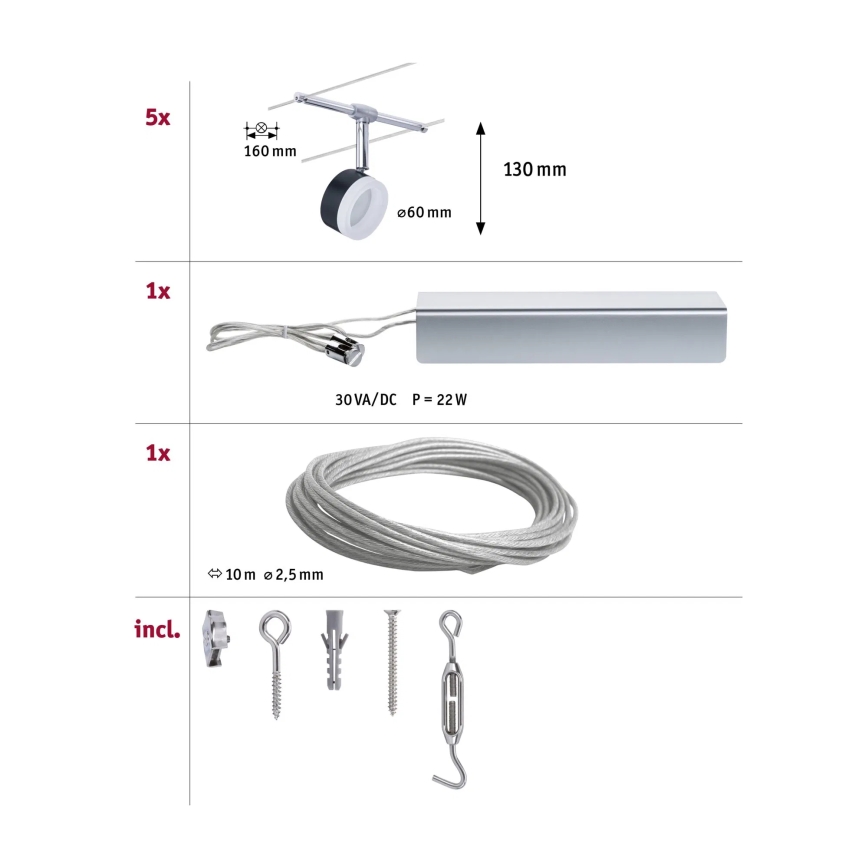 Paulmann 94457 – komplektas 5 × 4 W LED taškinių šviestuvų kabelinei sistemai CLEAR, 230 V, juoda / blizgus chromas