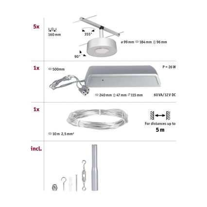 Paulmann 94475 - Komplektas 5xLED/5W – CIRCLE pilna kabelinė sistema, 230V, matinis chromas