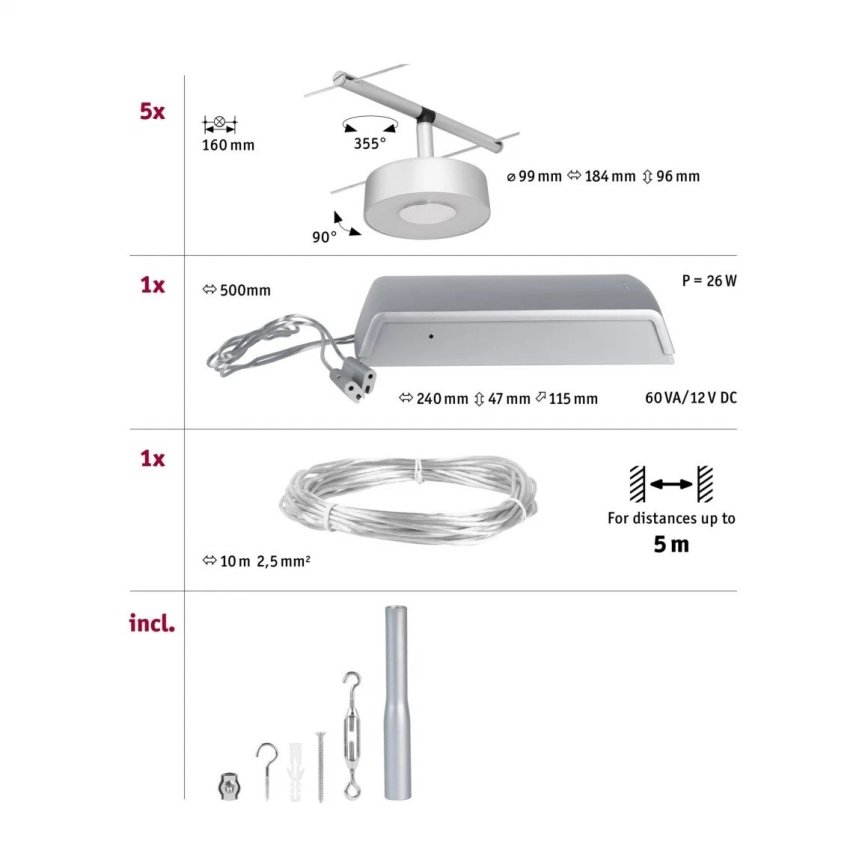 Paulmann 94475 - Komplektas 5xLED/5W – CIRCLE pilna kabelinė sistema, 230V, matinis chromas