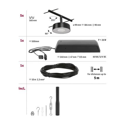 Paulmann 94479 - Rinkinys 5xLED/5W, pilna CIRCLE kabelinė sistema, 230V, juoda