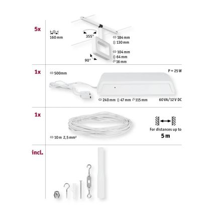 Paulmann 94483 - Rinkinys 5xLED/4,8W Komplektinė kabelinė sistema FRAME 230V balta