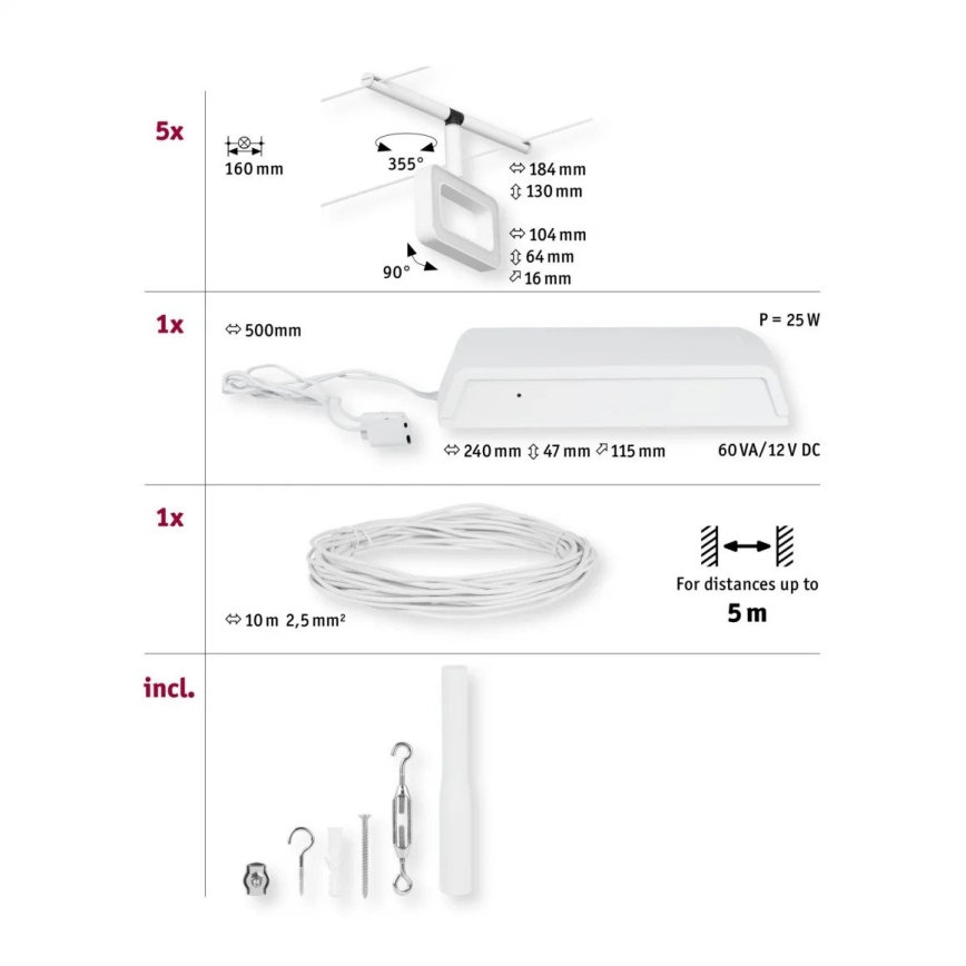 Paulmann 94483 - Rinkinys 5xLED/4,8W Komplektinė kabelinė sistema FRAME 230V balta