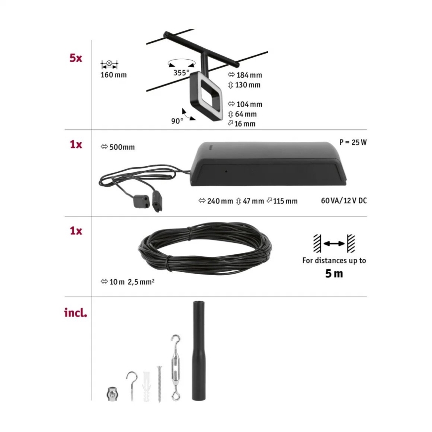 Paulmann 94485 - RINKINYS 5xLED/4,8W Įleidžiamas šviestuvas FRAME vielinio sistemos 230V juodas