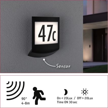 Paulmann 94513 - RGBW LED/8,2W IP44 Dimeriuojamas namo numeris su sutemų jutikliu PADEA 230V antracitas
