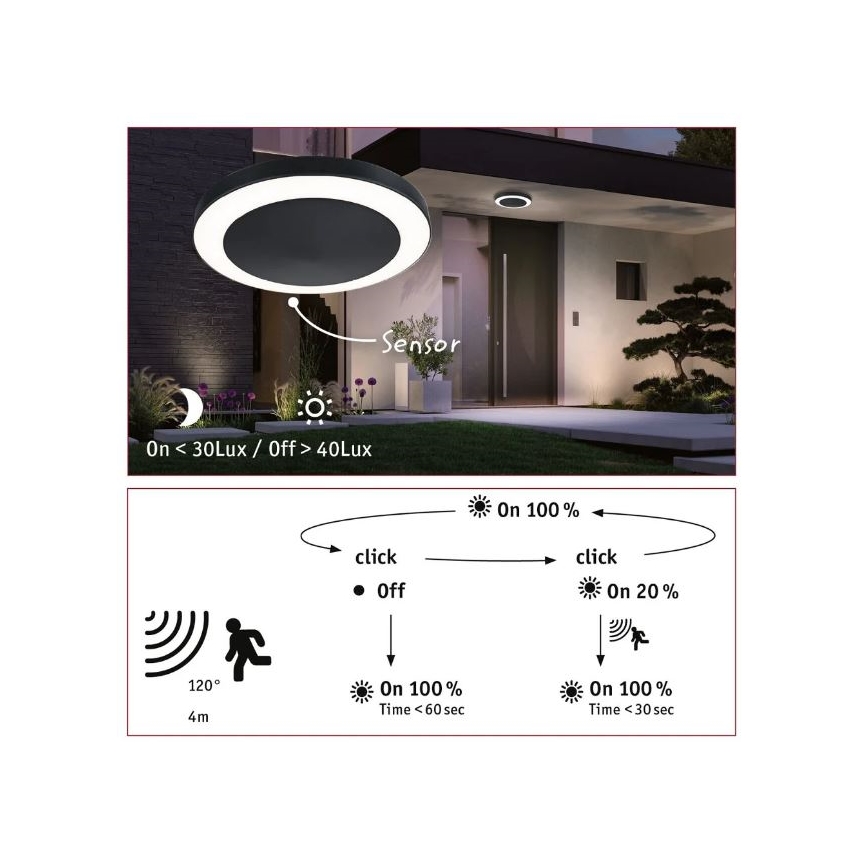 Paulmann 94526 - LED/14W IP44 Lauko lubinis šviestuvas su jutikliu CIRCULA 230V