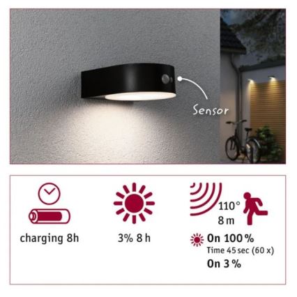 Paulmann 94570 - LED/5,5W IP44 Saulės energija įkraunamas sieninis šviestuvas su jutikliu EILEEN 3,7V 2000 mAh
