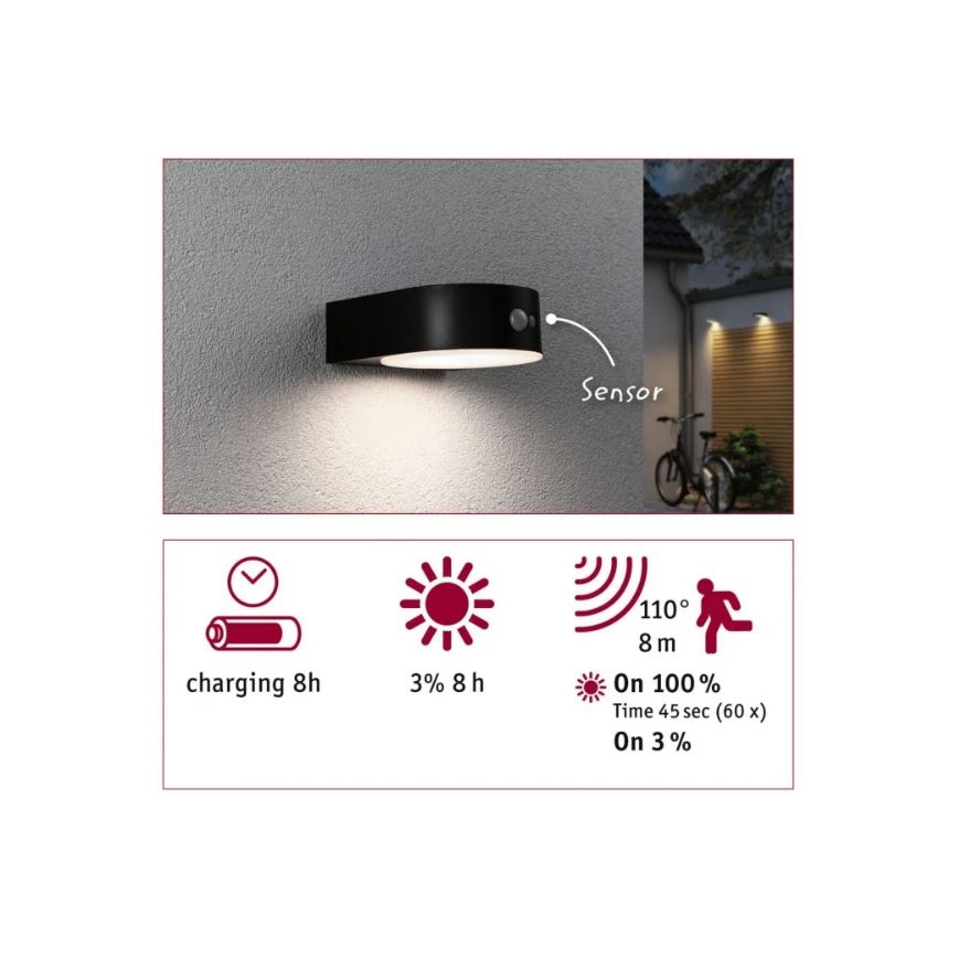 Paulmann 94570 - LED/5,5W IP44 Saulės energija įkraunamas sieninis šviestuvas su jutikliu EILEEN 3,7V 2000 mAh