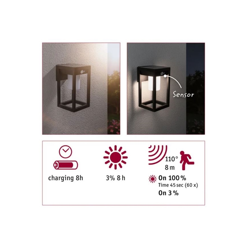 Paulmann 94572 -LED/5,5W IP44 Saulės energija įkraunamas sieninis šviestuvas su jutikliu MARISOL 3,7V 2000 mAh