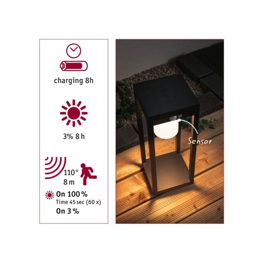 Paulmann 94573 - LED/5,5W IP44 Saulės energija įkraunama elektros lemputė su jutikliu MARISOL 3,7V 2000 mAh