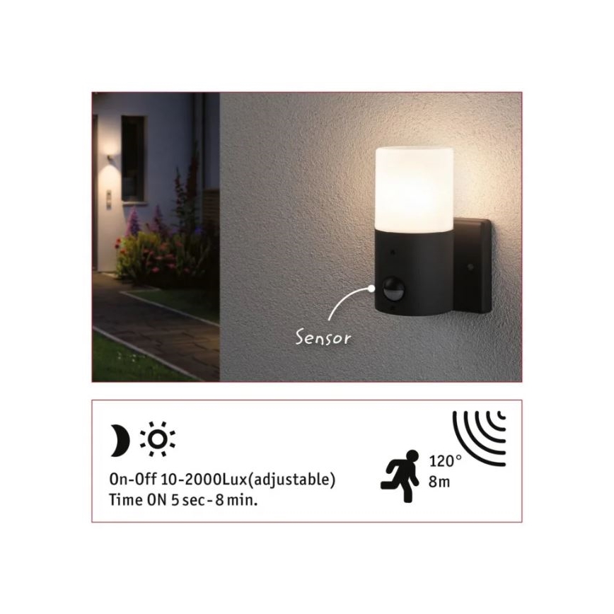 Paulmann 94648 - 1xE27/15W IP44 Lauko sieninis šviestuvas su jutikliu TUBS 230V