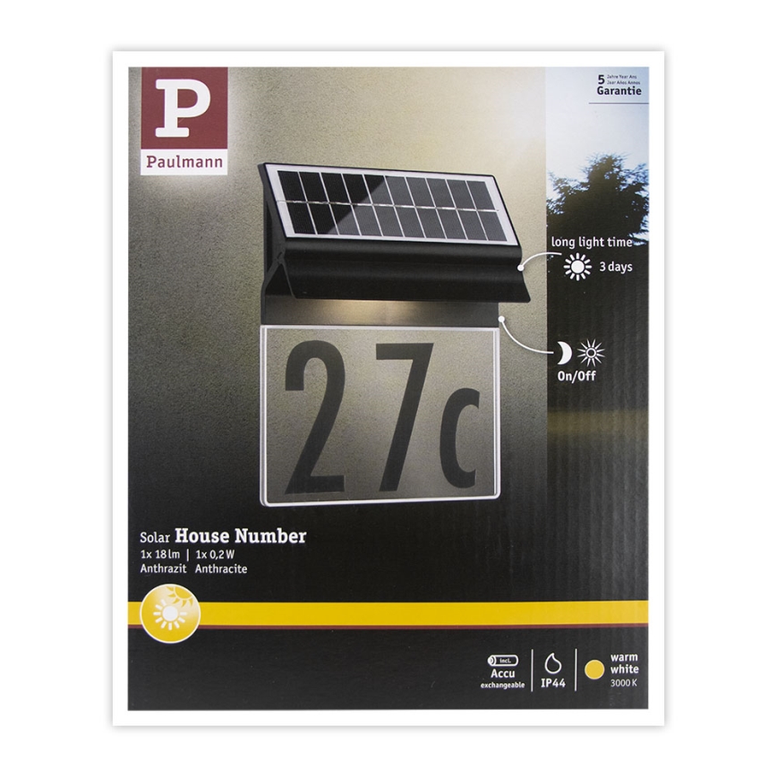 Paulmann 94694 - LED/0,2W IP44 Saulės energijos namo numeris NEDA 3,7V 1800 mAh