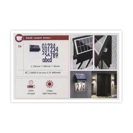 Paulmann 94694 - LED/0,2W IP44 Saulės energijos namo numeris NEDA 3,7V 1800 mAh