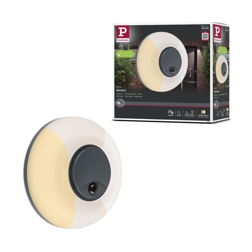 Paulmann 94956 - LED/20,5W IP65 Pritemdomas lauko sieninis šviestuvas su judesio ir sutemų jutikliu AUREVA 230V 2200/3000/4000K antracitas