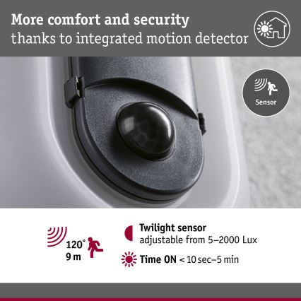 Paulmann 94958 - LED/18,5W IP65 Reguliuojamas lauko sieninis šviestuvas su judesio ir sumrėkimo jutikliu ELUNOR 230V 2200/3000/4000K antracitas
