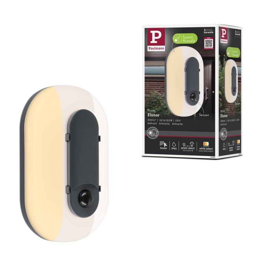 Paulmann 94958 - LED/18,5W IP65 Reguliuojamas lauko sieninis šviestuvas su judesio ir sumrėkimo jutikliu ELUNOR 230V 2200/3000/4000K antracitas