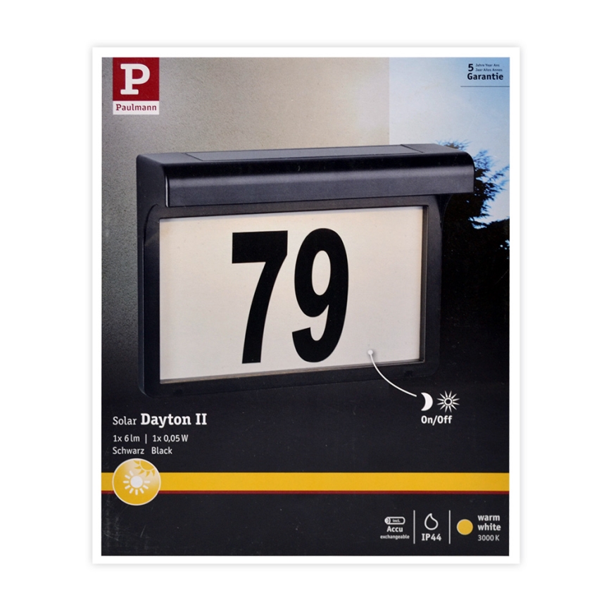 Paulmann 95388 - LED/0,05W IP44 Saulės energijos namo numeris su jutikliu DAYTON 4,8V