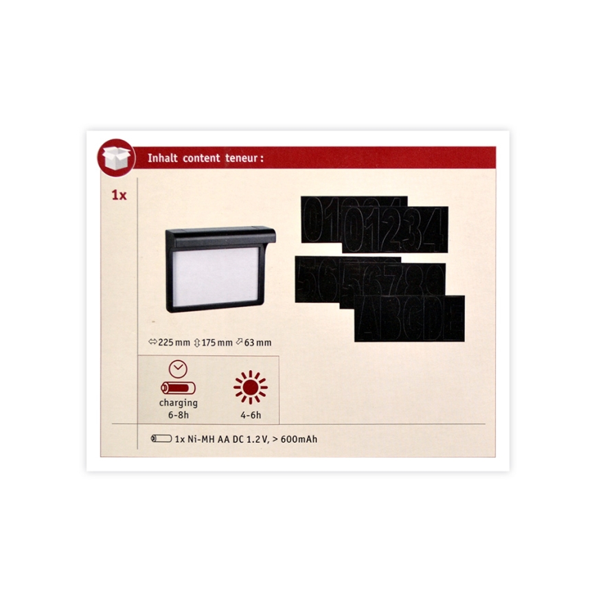 Paulmann 95388 - LED/0,05W IP44 Saulės energijos namo numeris su jutikliu DAYTON 4,8V