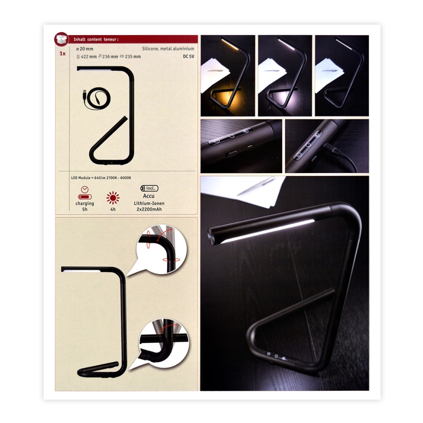 Paulmann 95424- LED/4,5W Pritemdoma jutiklinė stalinė lempa FLEXLINK 5V/USB 4400 mAh juoda