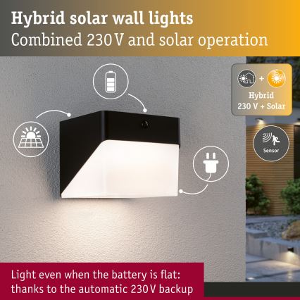 Paulmann 95746 - LED/2,3W IP44 Saulės energija maitinamas sieninis šviestuvas su jutikliu EILEEN 3,7/230V 4000 mAh juodas