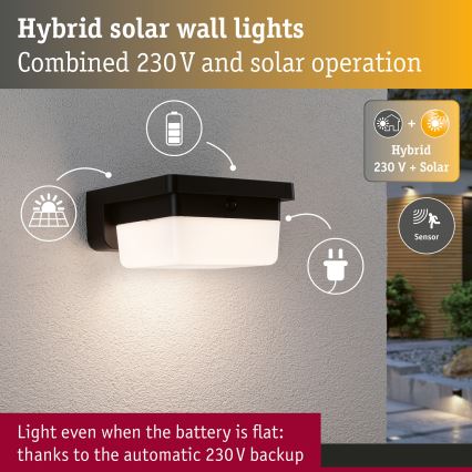 Paulmann 95748 - LED/2,3W IP44 Saulės sieninis šviestuvas su jutikliu ISLEEN 3,7/230V 4000 mAh juodas