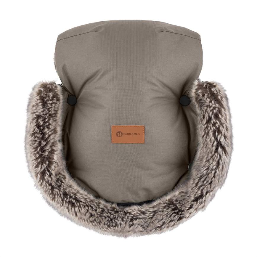 PETITE&MARS - KOMPLEKTAS Vaikiškas miegmaišis 4 viename COMFY + vežimėlio rankų šildikliai FURRY Mocha Mousse