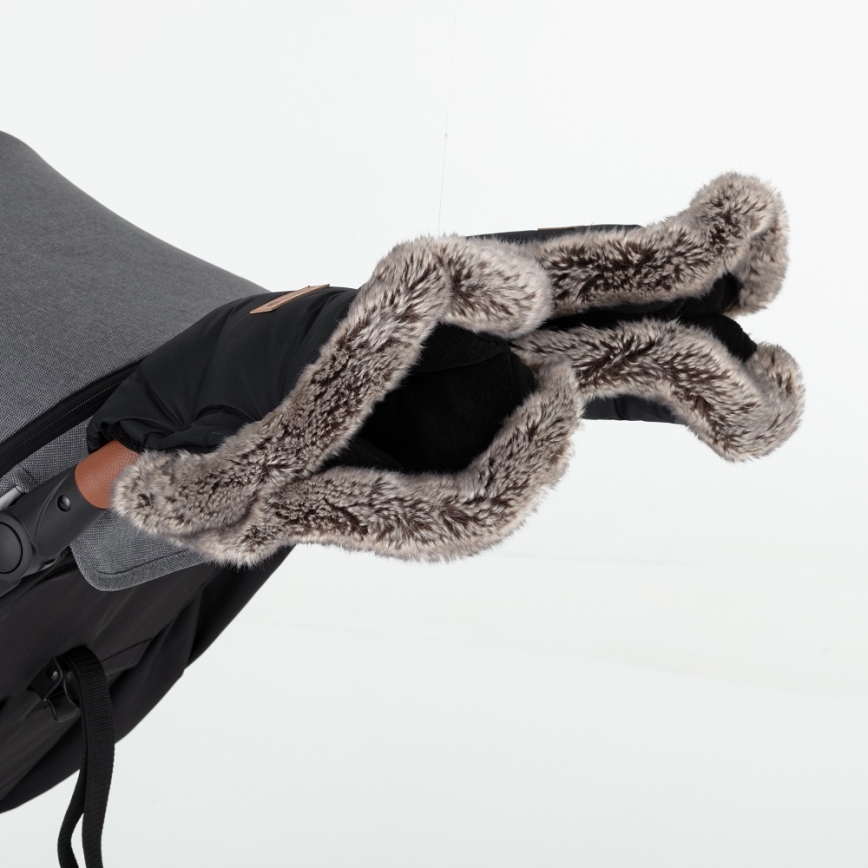 PETITE&MARS - KOMPLEKTAS Kūdikių vokelis 4in1 ARCTIC + stroller ranka muffs FURRY Forever Black