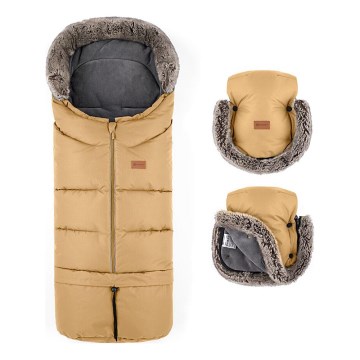 PETITE&MARS - KOMPLEKTAS Kūdikių vokelis 4in1 ARCTIC + stroller ranka muffs FURRY Elegant Caramel