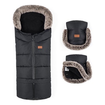PETITE&MARS - KOMPLEKTAS Kūdikių vokelis 4in1 ARCTIC + stroller ranka muffs FURRY Forever Black