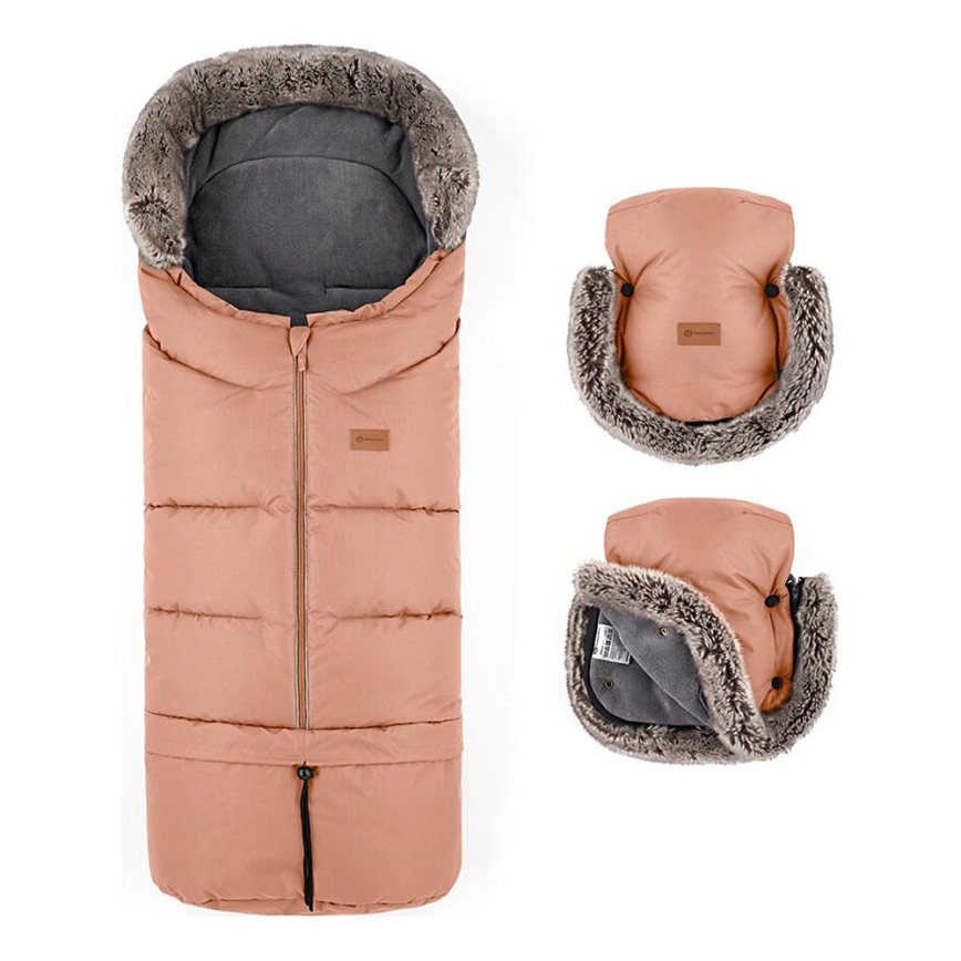 PETITE&MARS - KOMPLEKTAS Kūdikių vokelis 4in1 ARCTIC + stroller ranka muffs FURRY Pastel Peach