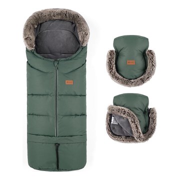 PETITE&MARS - KOMPLEKTAS Kūdikių vokelis 4in1 ARCTIC + stroller ranka muffs FURRY Veritable Khaki