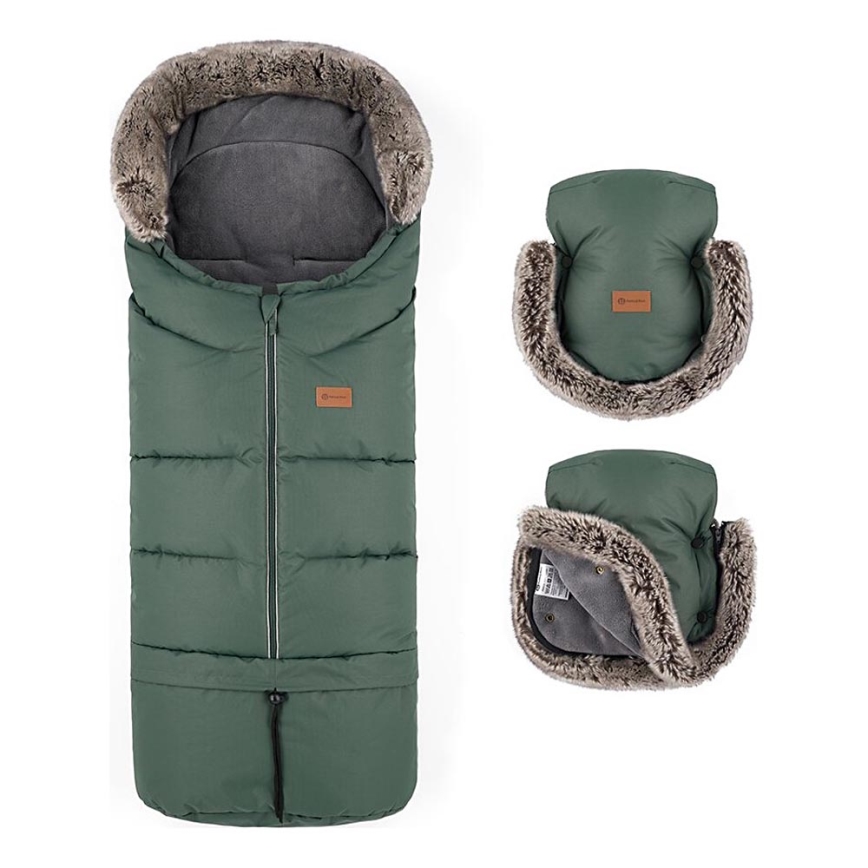 PETITE&MARS - KOMPLEKTAS Kūdikių vokelis 4in1 ARCTIC + stroller ranka muffs FURRY Veritable Khaki