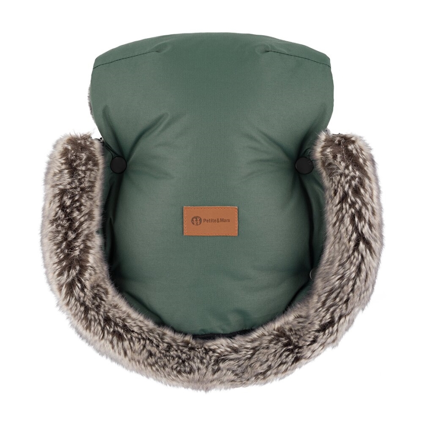 PETITE&MARS - KOMPLEKTAS Kūdikių vokelis 4in1 ARCTIC + stroller ranka muffs FURRY Veritable Khaki
