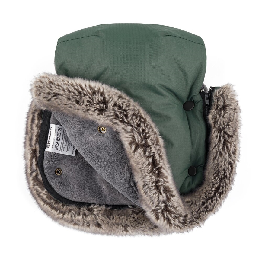 PETITE&MARS - KOMPLEKTAS Kūdikių vokelis 4in1 ARCTIC + stroller ranka muffs FURRY Veritable Khaki
