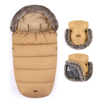 PETITE&MARS - KOMPLEKTAS Kūdikių vokelis 4in1 COMFY + stroller ranka muffs FURRY Elegant Caramel