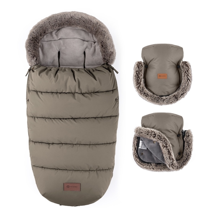 PETITE&MARS - KOMPLEKTAS Vaikiškas miegmaišis 4 viename COMFY + vežimėlio rankų šildikliai FURRY Mocha Mousse
