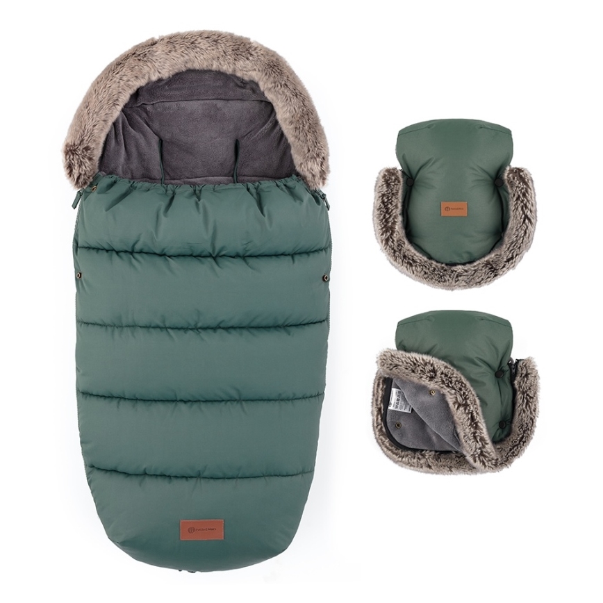 PETITE&MARS - RINKINYS: vaikiškas vežimėlio miegmaišis 4 viename COMFY + rankų šildytuvai vežimėliui FURRY chaki