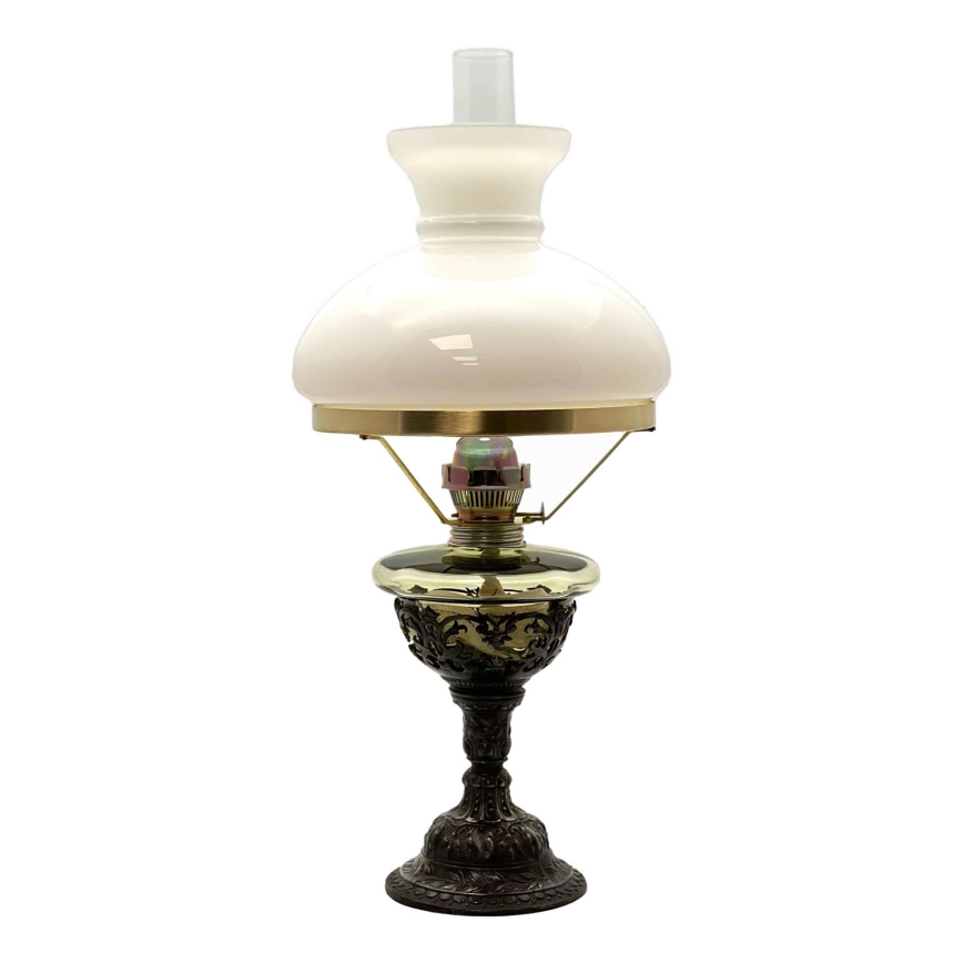 Petrolejinė lempa RŪŽENA 50 cm miško žalia, dekoruota alavu