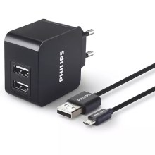 Philips DLP2307U/12 - Įkrovimo adapteris 2xUSB/15,5W/230V + laidas micro USB 1m