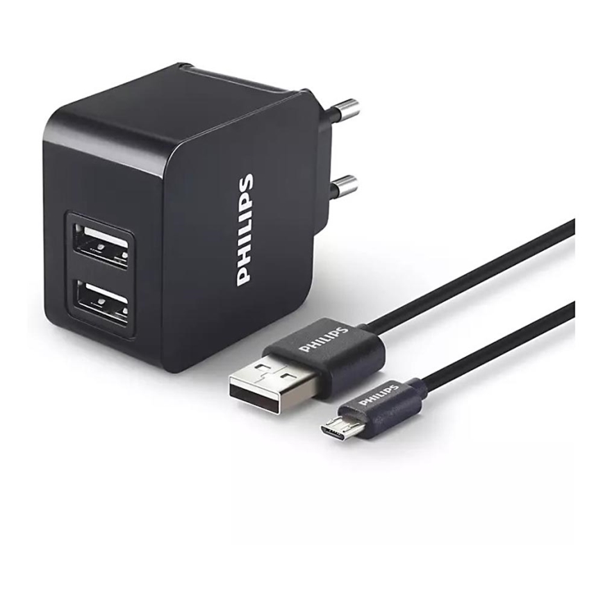 Philips DLP2307U/12 - Įkrovimo adapteris 2xUSB/15,5W/230V + laidas micro USB 1m