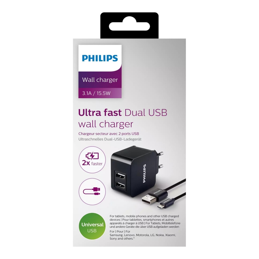 Philips DLP2307U/12 - Įkrovimo adapteris 2xUSB/15,5W/230V + laidas micro USB 1m